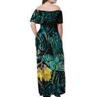 New Zealand Fantail Bird Off Shoulder Maxi Dress Maori Piwakawaka Kowhai - Paua Shell Pattern LT14 - Polynesian Pride