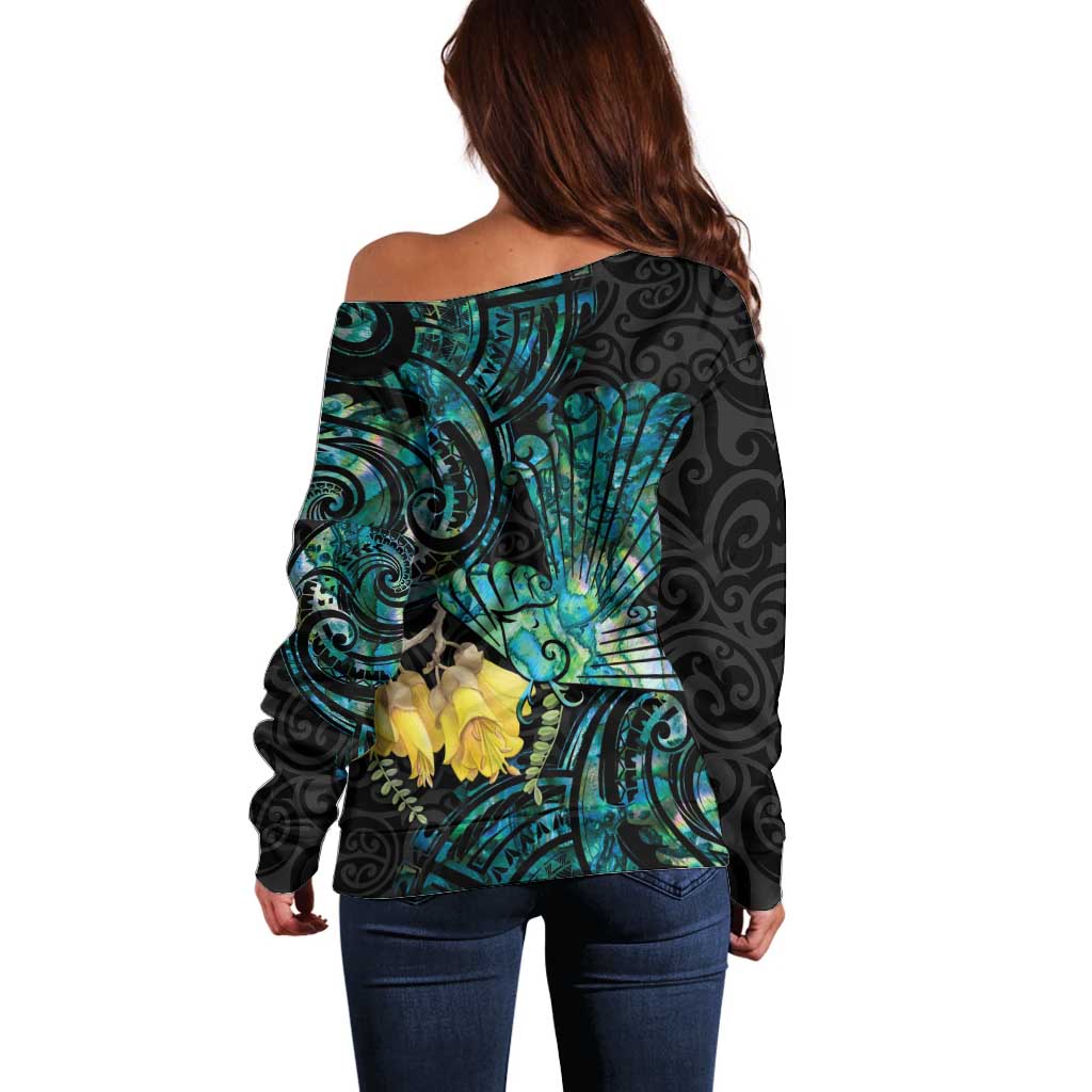 New Zealand Fantail Bird Off Shoulder Sweater Maori Piwakawaka Kowhai - Paua Shell Pattern LT14 - Polynesian Pride
