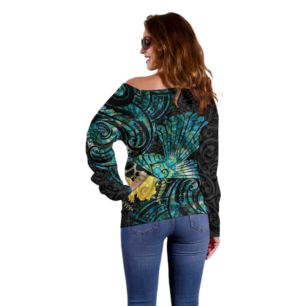 New Zealand Fantail Bird Off Shoulder Sweater Maori Piwakawaka Kowhai - Paua Shell Pattern LT14 - Polynesian Pride