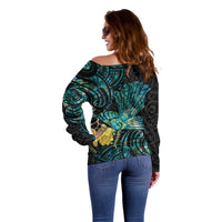 New Zealand Fantail Bird Off Shoulder Sweater Maori Piwakawaka Kowhai - Paua Shell Pattern LT14 - Polynesian Pride