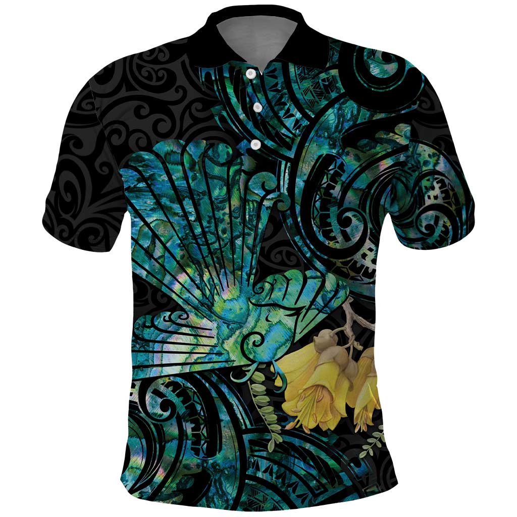 New Zealand Fantail Bird Polo Shirt Maori Piwakawaka Kowhai - Paua Shell Pattern LT14 Green - Polynesian Pride