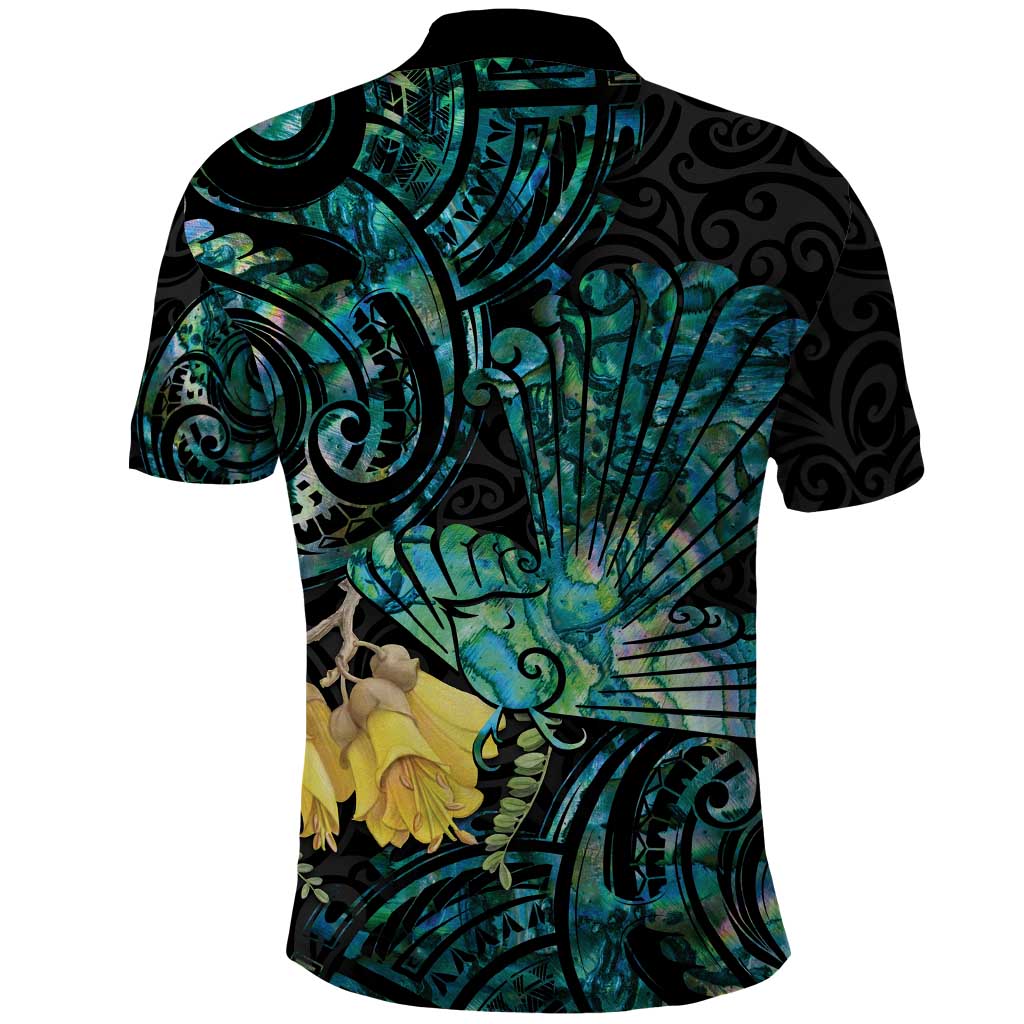 New Zealand Fantail Bird Polo Shirt Maori Piwakawaka Kowhai - Paua Shell Pattern LT14 - Polynesian Pride