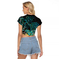 New Zealand Fantail Bird Raglan Cropped T Shirt Maori Piwakawaka Kowhai - Paua Shell Pattern LT14 - Polynesian Pride
