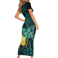 New Zealand Fantail Bird Short Sleeve Bodycon Dress Maori Piwakawaka Kowhai - Paua Shell Pattern LT14 - Polynesian Pride
