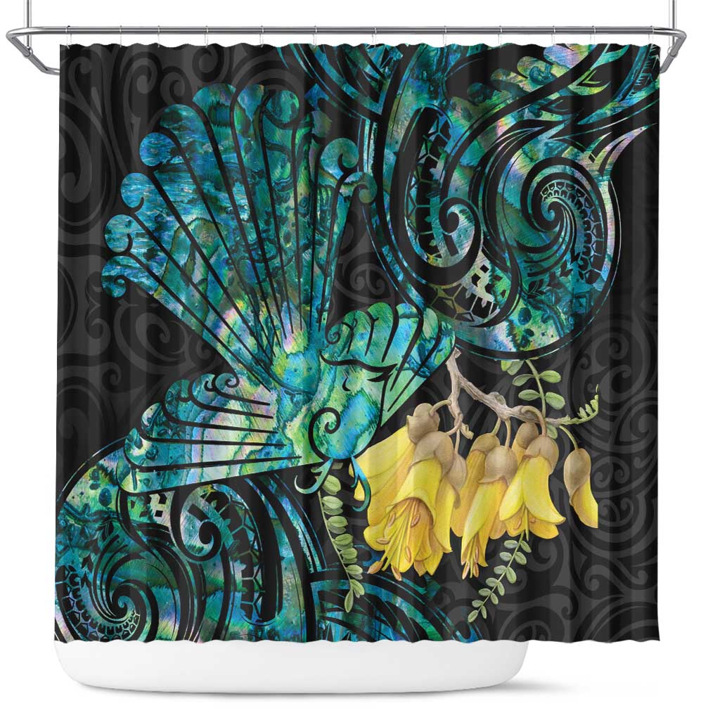 New Zealand Fantail Bird Shower Curtain Maori Piwakawaka Kowhai - Paua Shell Pattern LT14 Green - Polynesian Pride