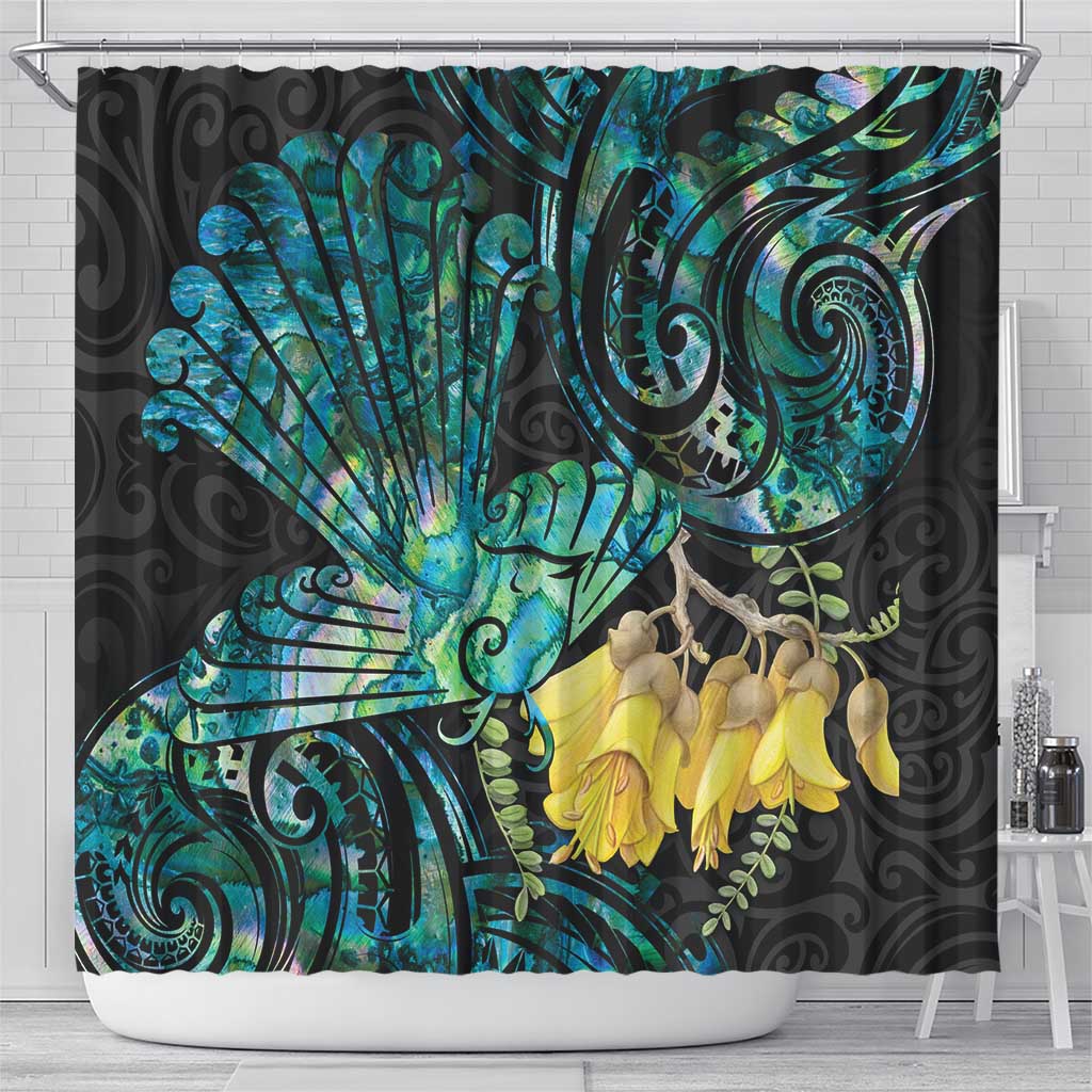 New Zealand Fantail Bird Shower Curtain Maori Piwakawaka Kowhai - Paua Shell Pattern LT14 - Polynesian Pride