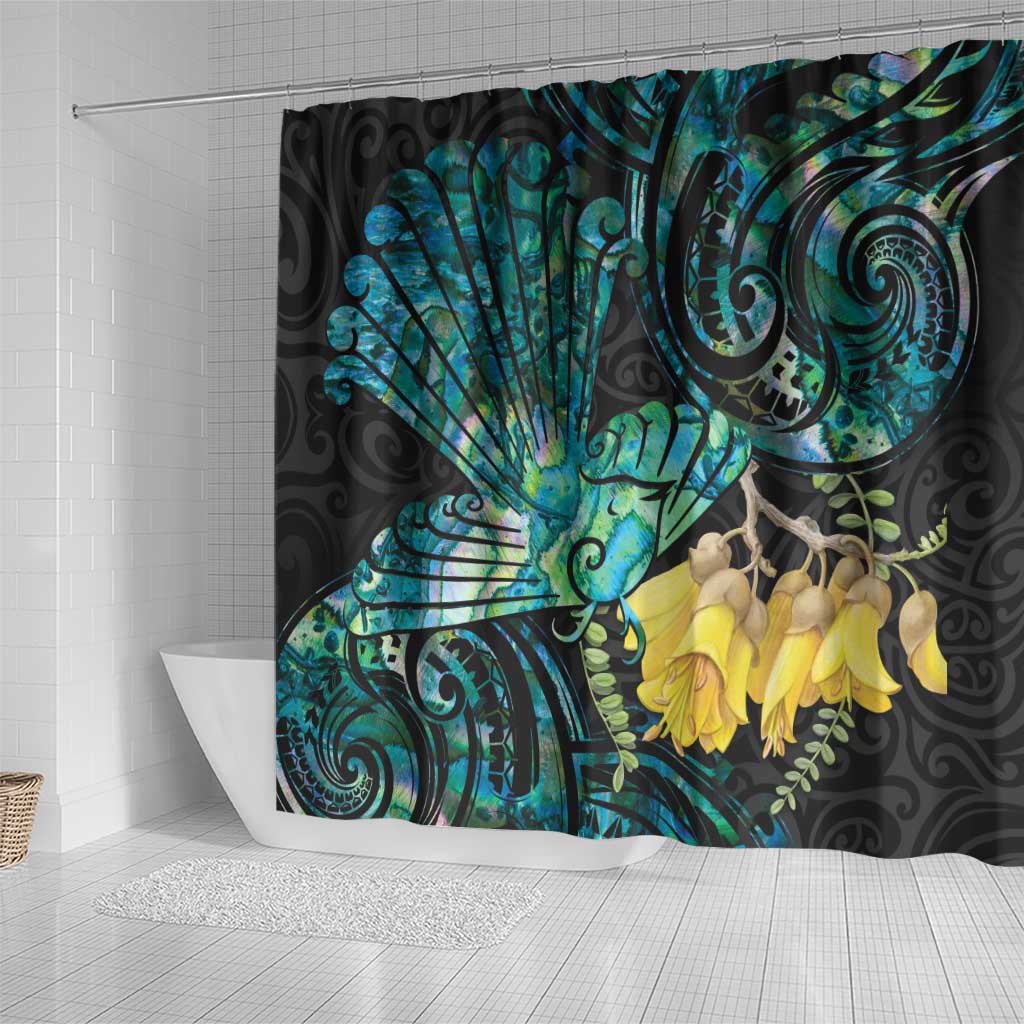 New Zealand Fantail Bird Shower Curtain Maori Piwakawaka Kowhai - Paua Shell Pattern LT14 - Polynesian Pride