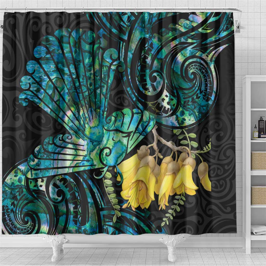 New Zealand Fantail Bird Shower Curtain Maori Piwakawaka Kowhai - Paua Shell Pattern LT14 - Polynesian Pride
