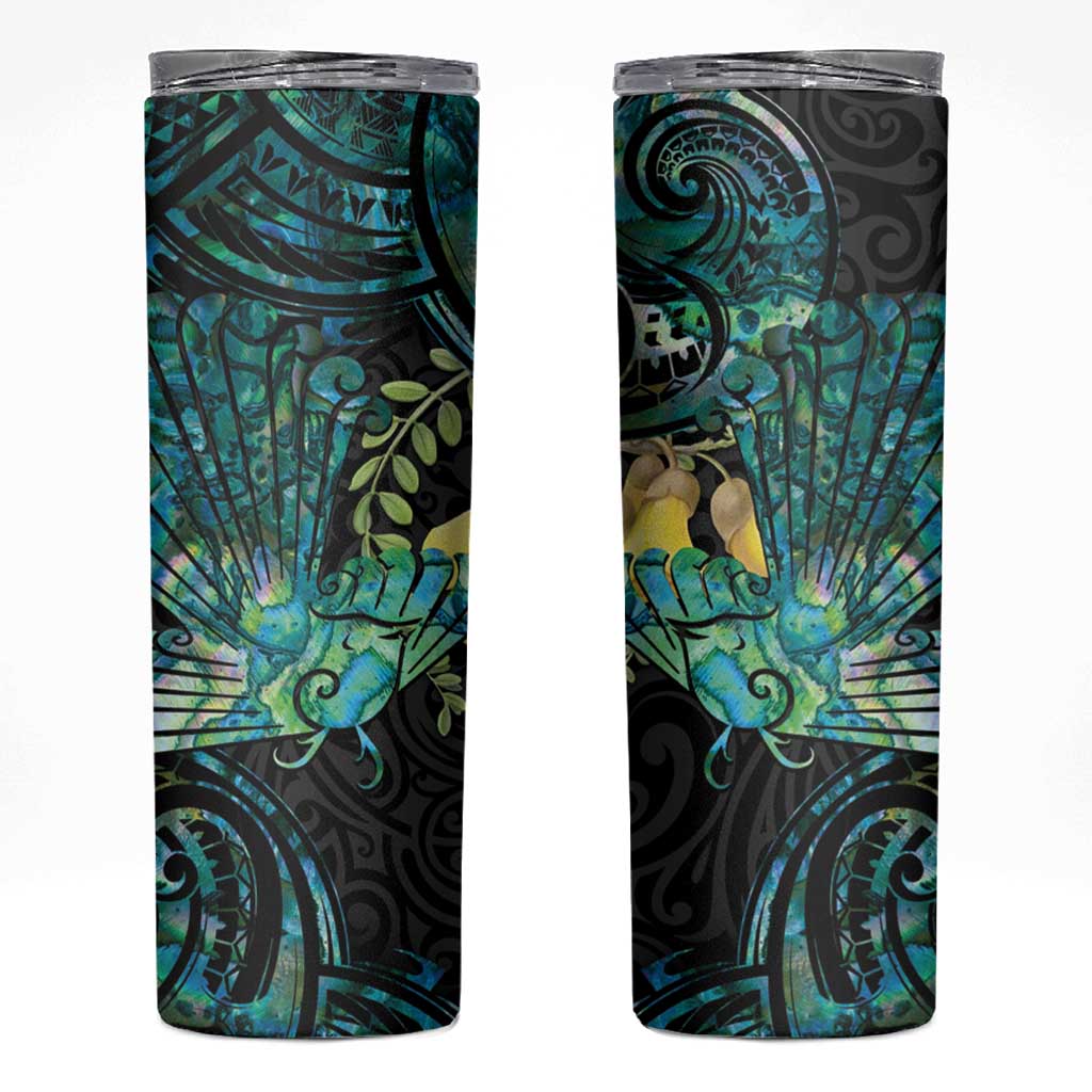 New Zealand Fantail Bird Skinny Tumbler Maori Piwakawaka Kowhai - Paua Shell Pattern LT14 Green - Polynesian Pride