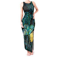 New Zealand Fantail Bird Tank Maxi Dress Maori Piwakawaka Kowhai - Paua Shell Pattern LT14 Women Green - Polynesian Pride