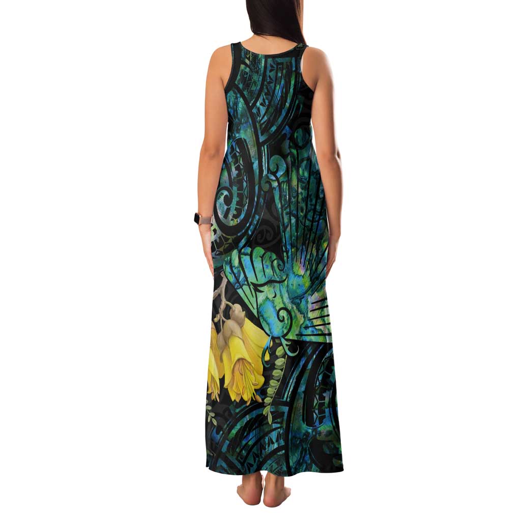 New Zealand Fantail Bird Tank Maxi Dress Maori Piwakawaka Kowhai - Paua Shell Pattern LT14 - Polynesian Pride