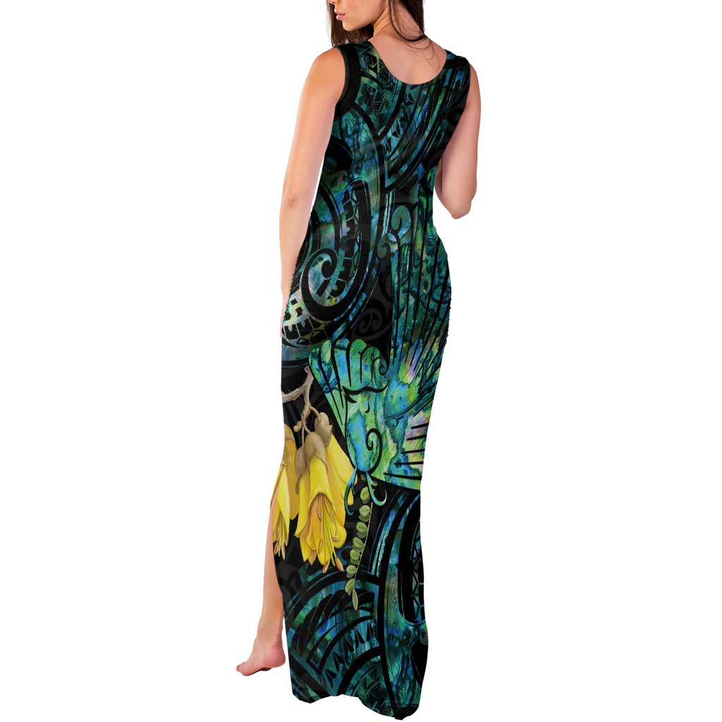 New Zealand Fantail Bird Tank Maxi Dress Maori Piwakawaka Kowhai - Paua Shell Pattern LT14 - Polynesian Pride