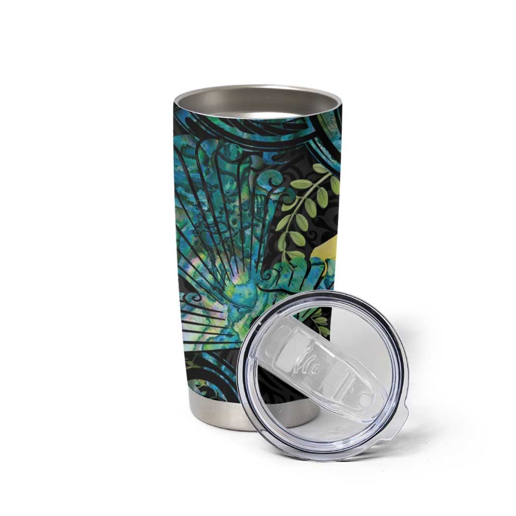 New Zealand Fantail Bird Tumbler Cup Maori Piwakawaka Kowhai - Paua Shell Pattern LT14 - Polynesian Pride