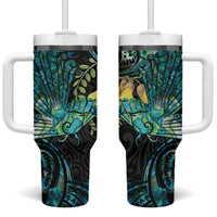New Zealand Fantail Bird Tumbler With Handle Maori Piwakawaka Kowhai - Paua Shell Pattern LT14 One Size: 40 oz Green - Polynesian Pride