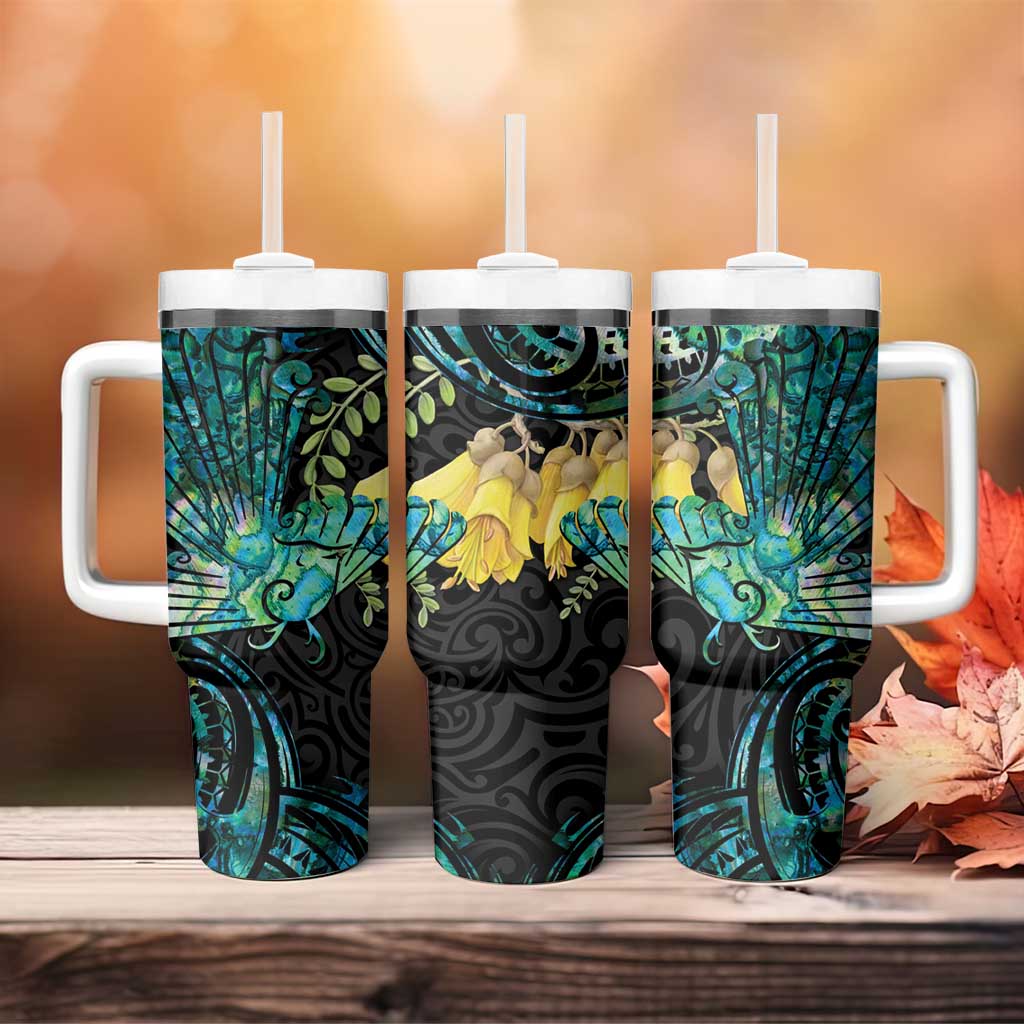 New Zealand Fantail Bird Tumbler With Handle Maori Piwakawaka Kowhai - Paua Shell Pattern LT14 - Polynesian Pride