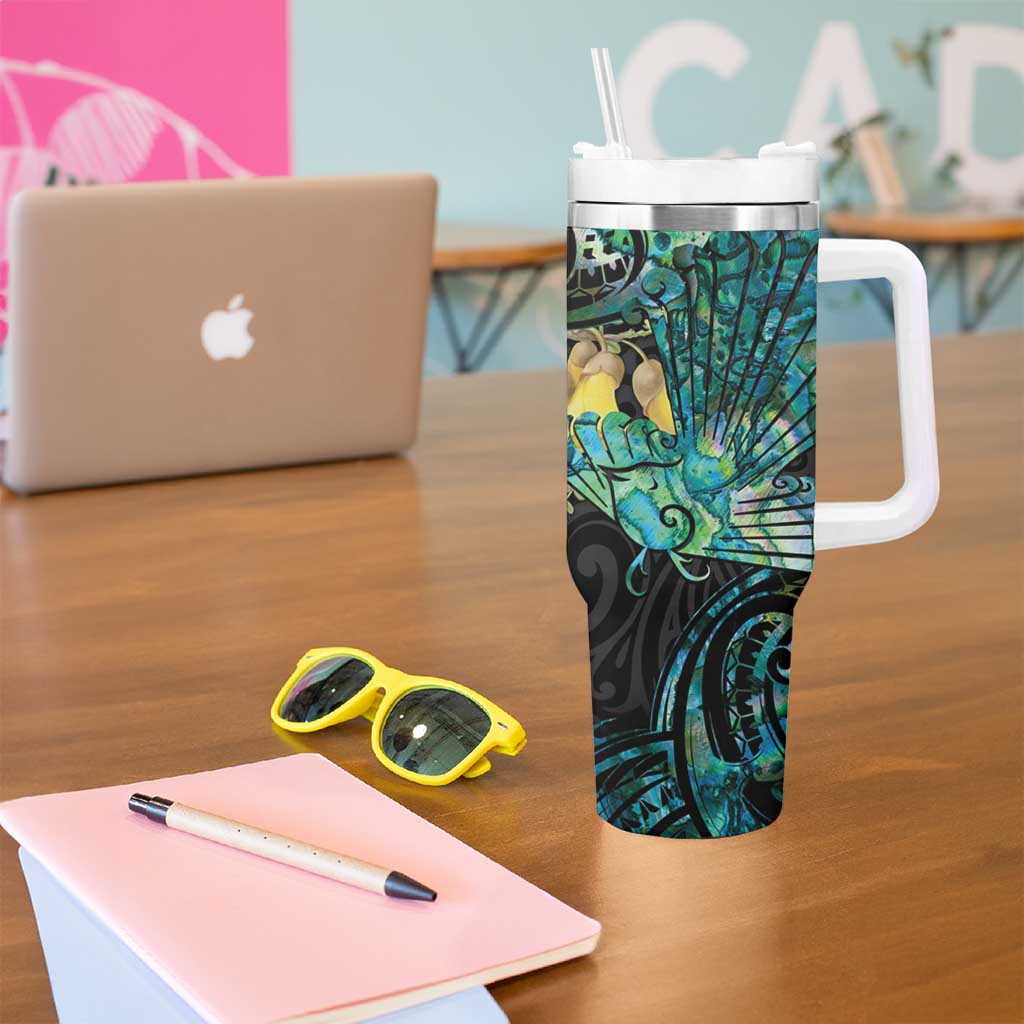 New Zealand Fantail Bird Tumbler With Handle Maori Piwakawaka Kowhai - Paua Shell Pattern LT14 - Polynesian Pride