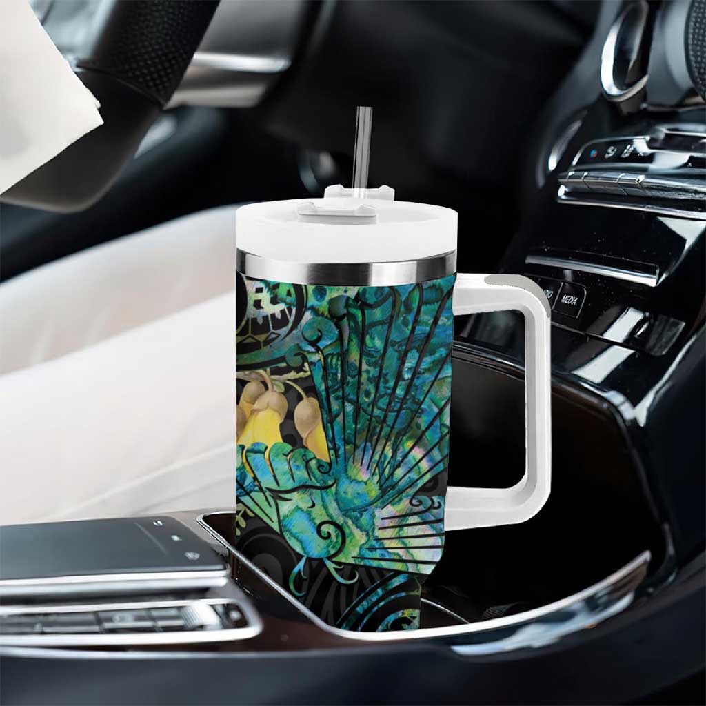 New Zealand Fantail Bird Tumbler With Handle Maori Piwakawaka Kowhai - Paua Shell Pattern LT14 - Polynesian Pride