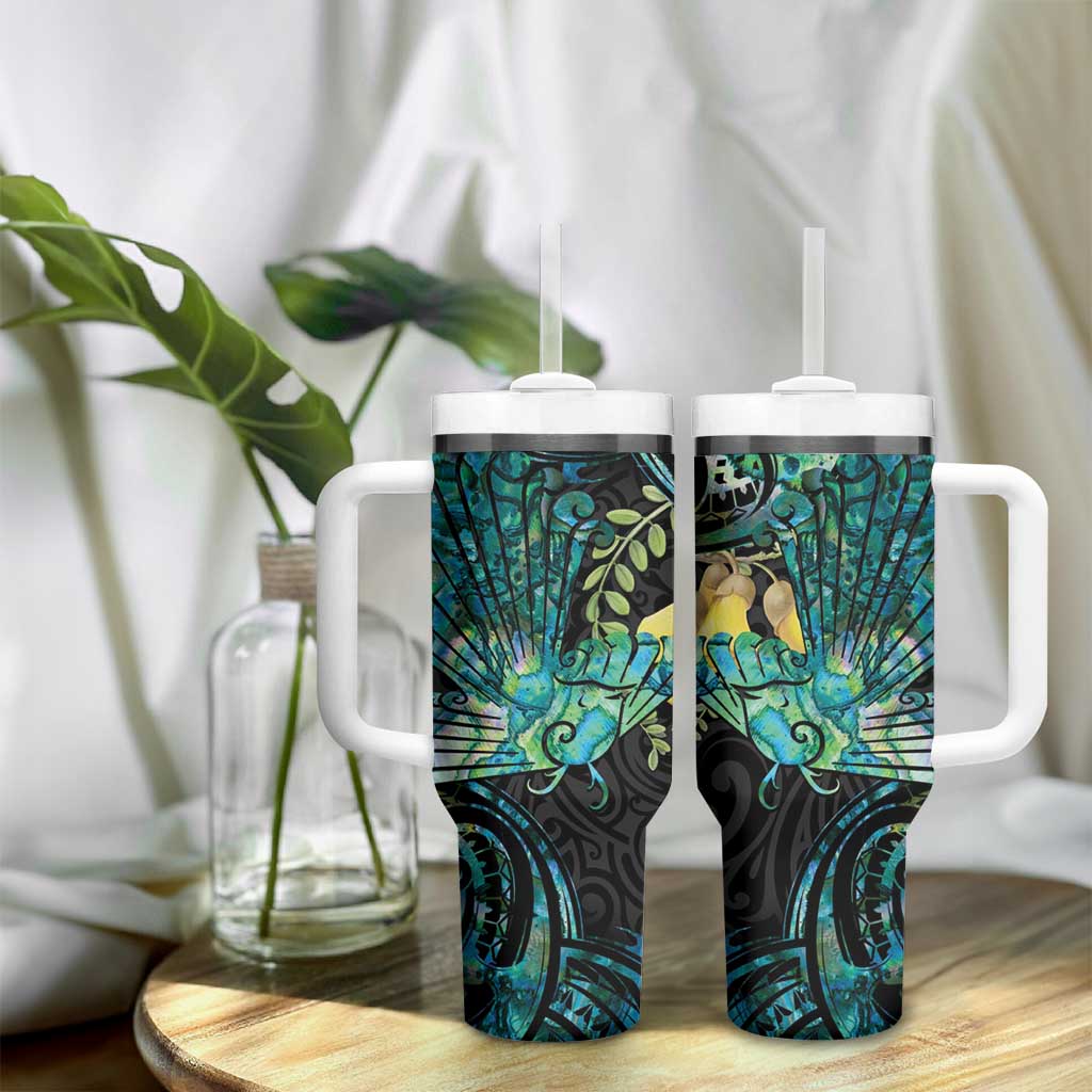 New Zealand Fantail Bird Tumbler With Handle Maori Piwakawaka Kowhai - Paua Shell Pattern LT14 - Polynesian Pride