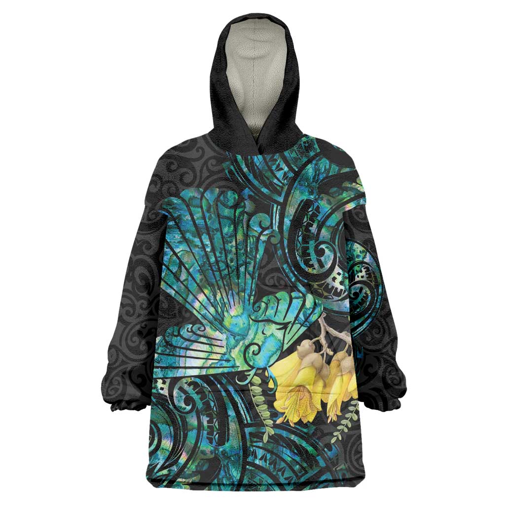 New Zealand Fantail Bird Wearable Blanket Hoodie Maori Piwakawaka Kowhai - Paua Shell Pattern LT14 One Size Green - Polynesian Pride