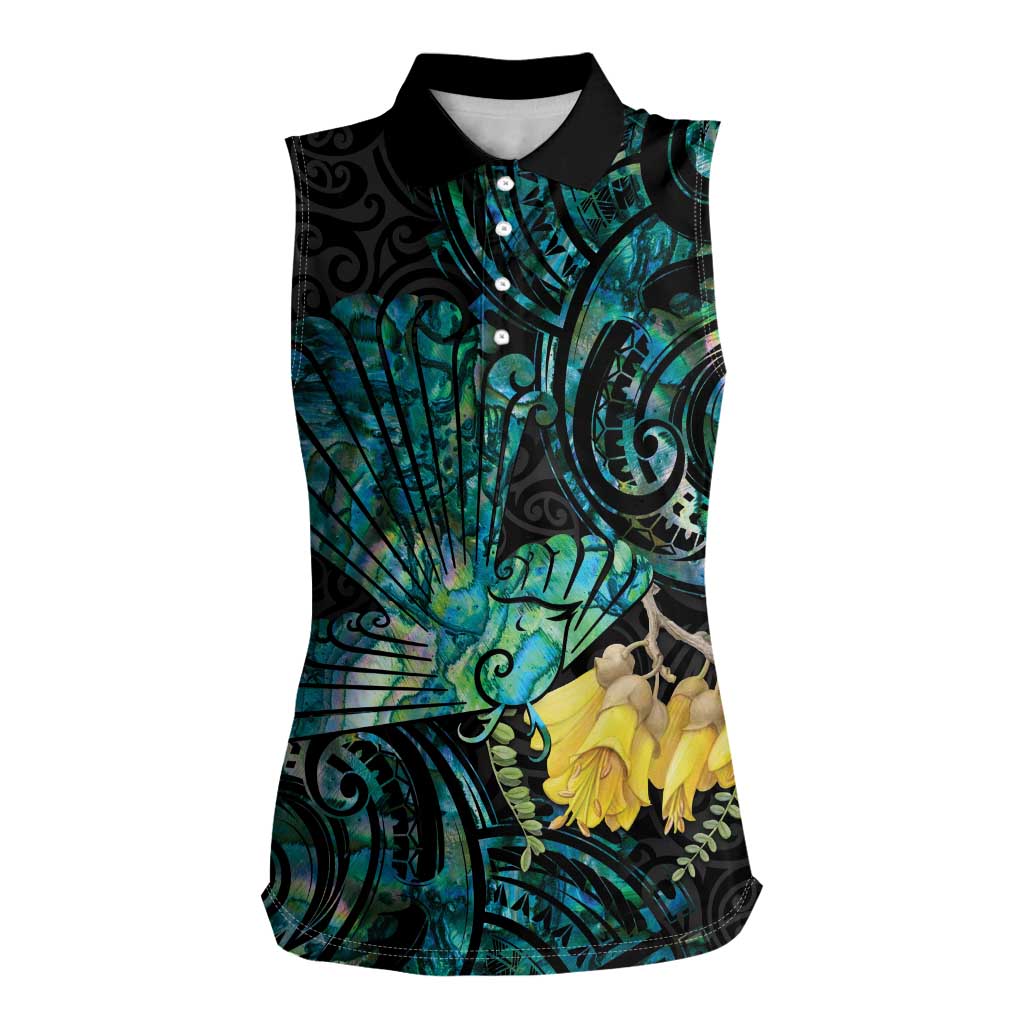 New Zealand Fantail Bird Women Sleeveless Polo Shirt Maori Piwakawaka Kowhai - Paua Shell Pattern LT14 Female Green - Polynesian Pride
