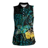 New Zealand Fantail Bird Women Sleeveless Polo Shirt Maori Piwakawaka Kowhai - Paua Shell Pattern LT14 Female Green - Polynesian Pride