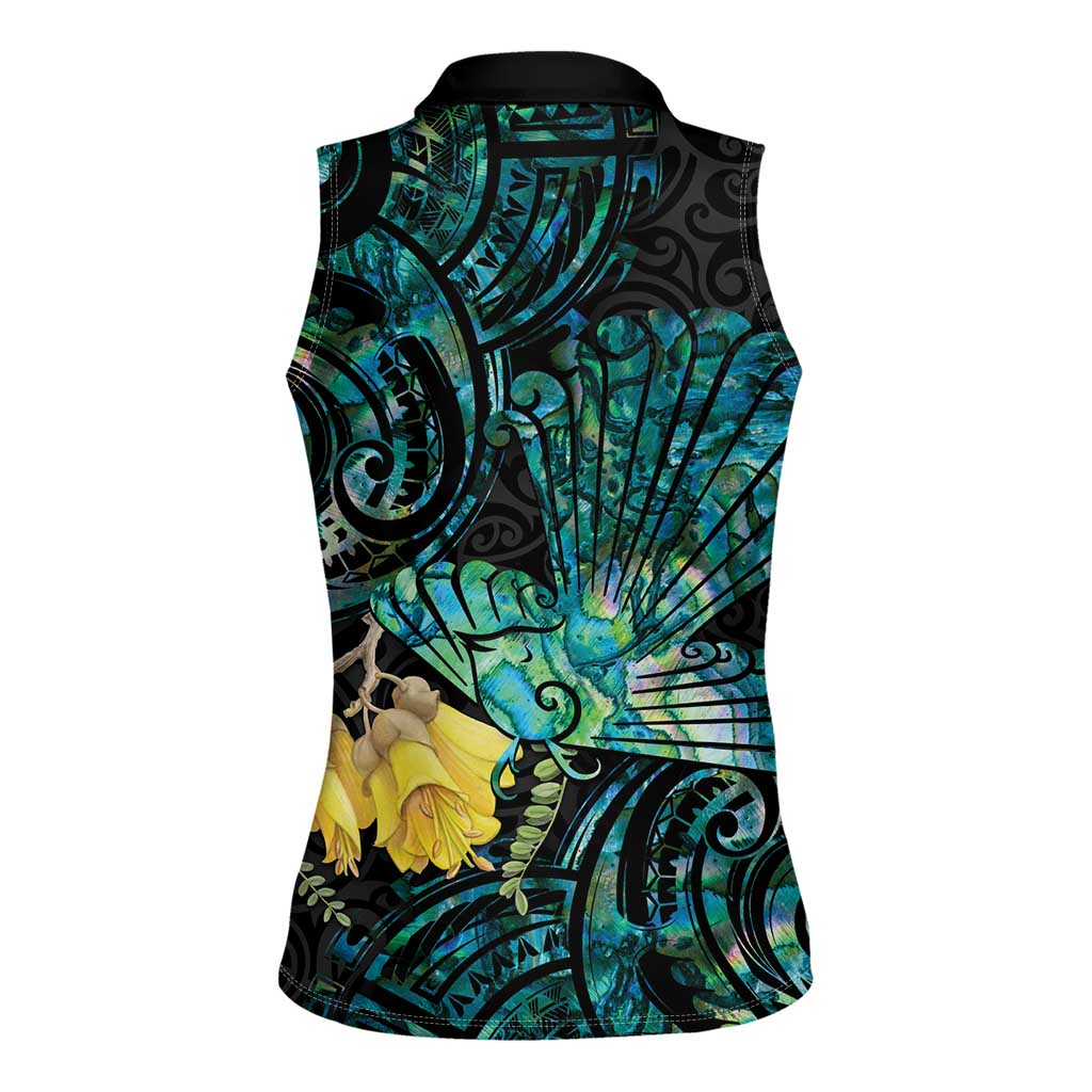 New Zealand Fantail Bird Women Sleeveless Polo Shirt Maori Piwakawaka Kowhai - Paua Shell Pattern LT14 - Polynesian Pride