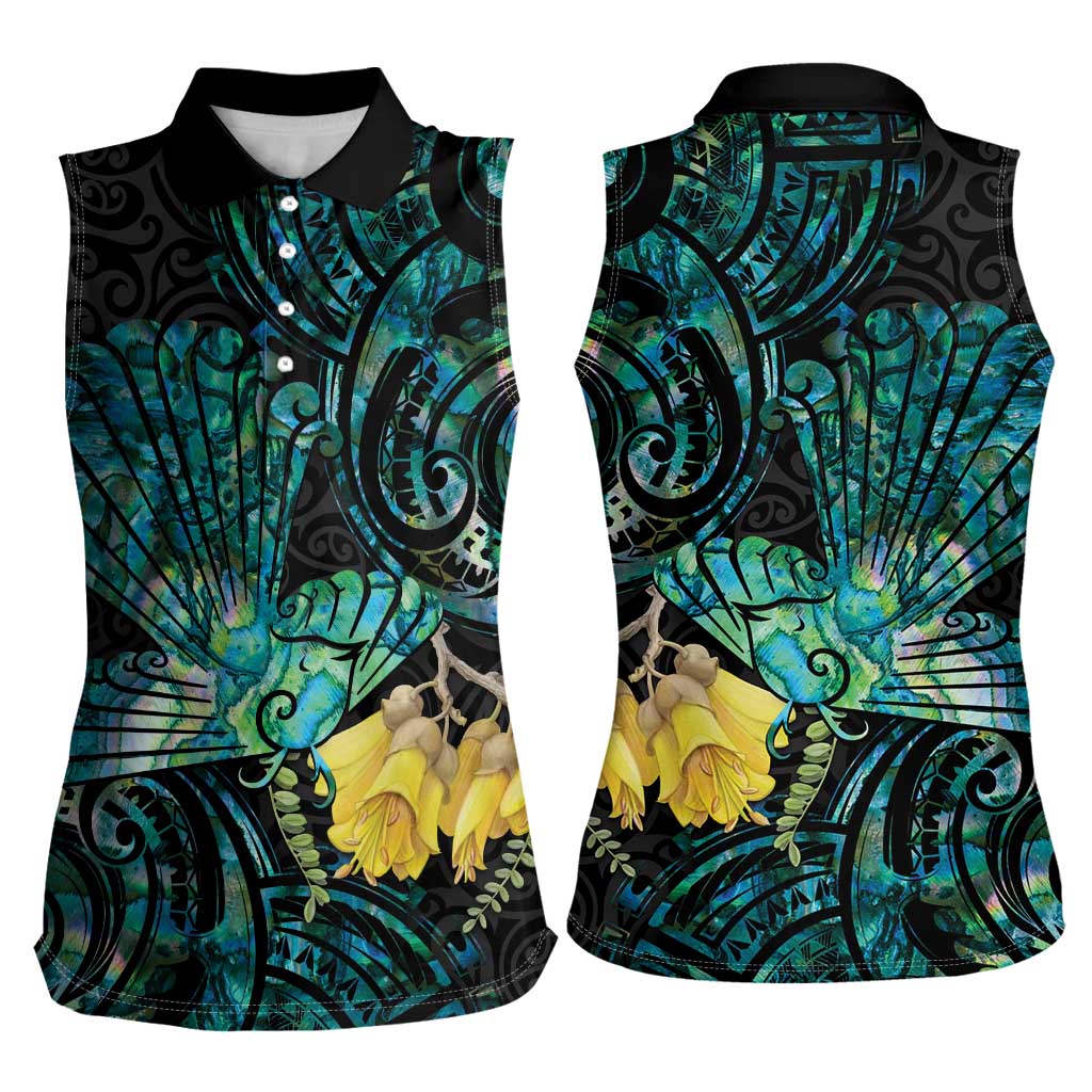 New Zealand Fantail Bird Women Sleeveless Polo Shirt Maori Piwakawaka Kowhai - Paua Shell Pattern LT14 - Polynesian Pride