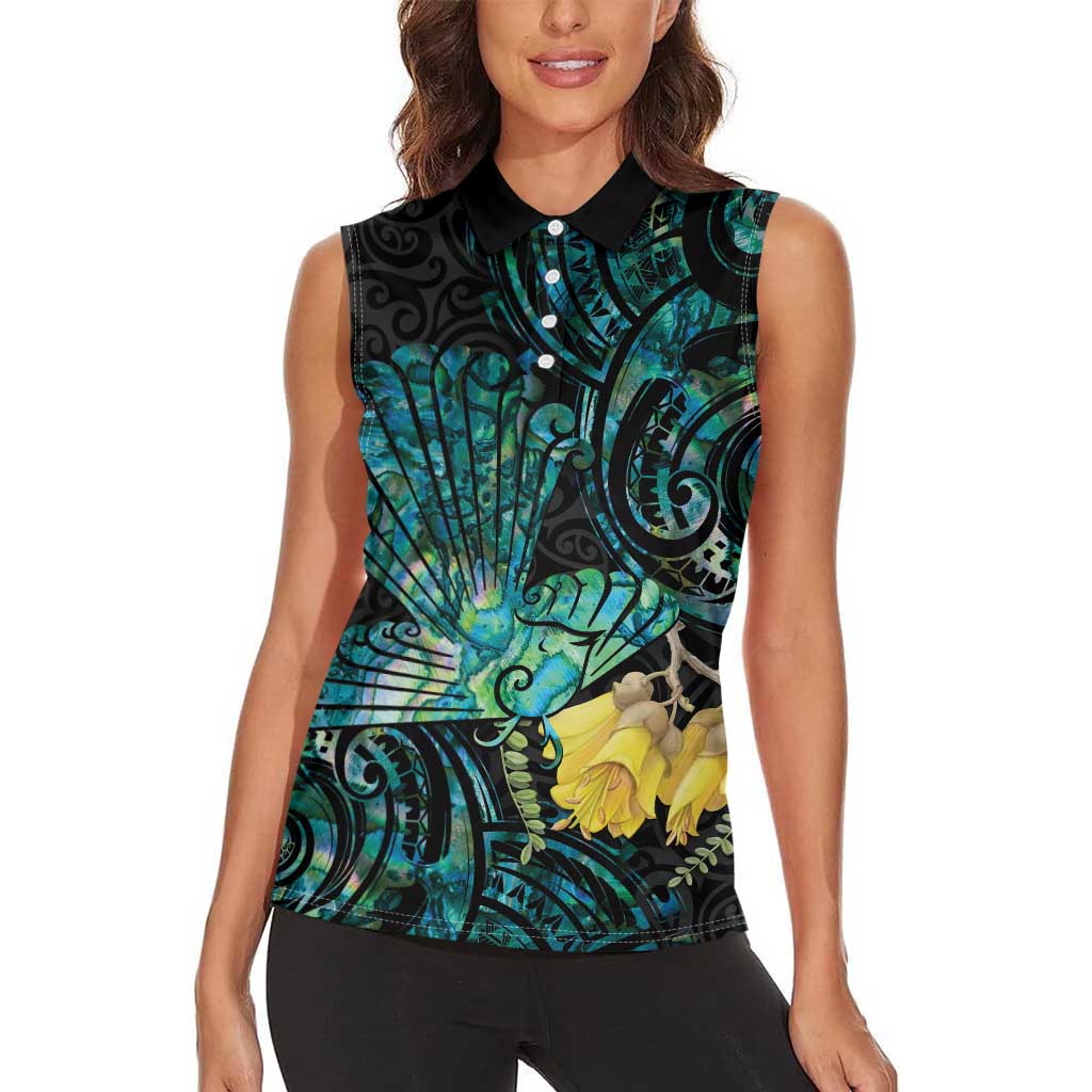 New Zealand Fantail Bird Women Sleeveless Polo Shirt Maori Piwakawaka Kowhai - Paua Shell Pattern LT14 - Polynesian Pride