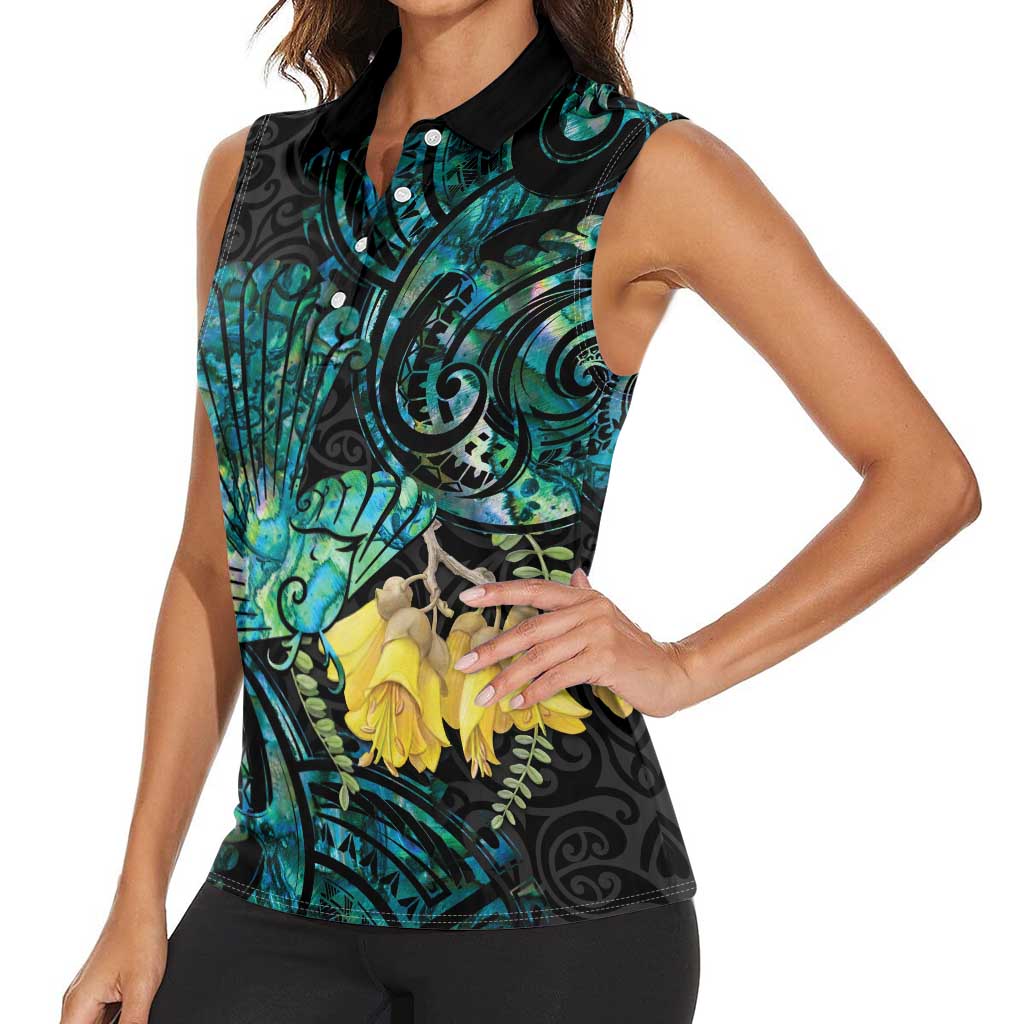 New Zealand Fantail Bird Women Sleeveless Polo Shirt Maori Piwakawaka Kowhai - Paua Shell Pattern LT14 - Polynesian Pride
