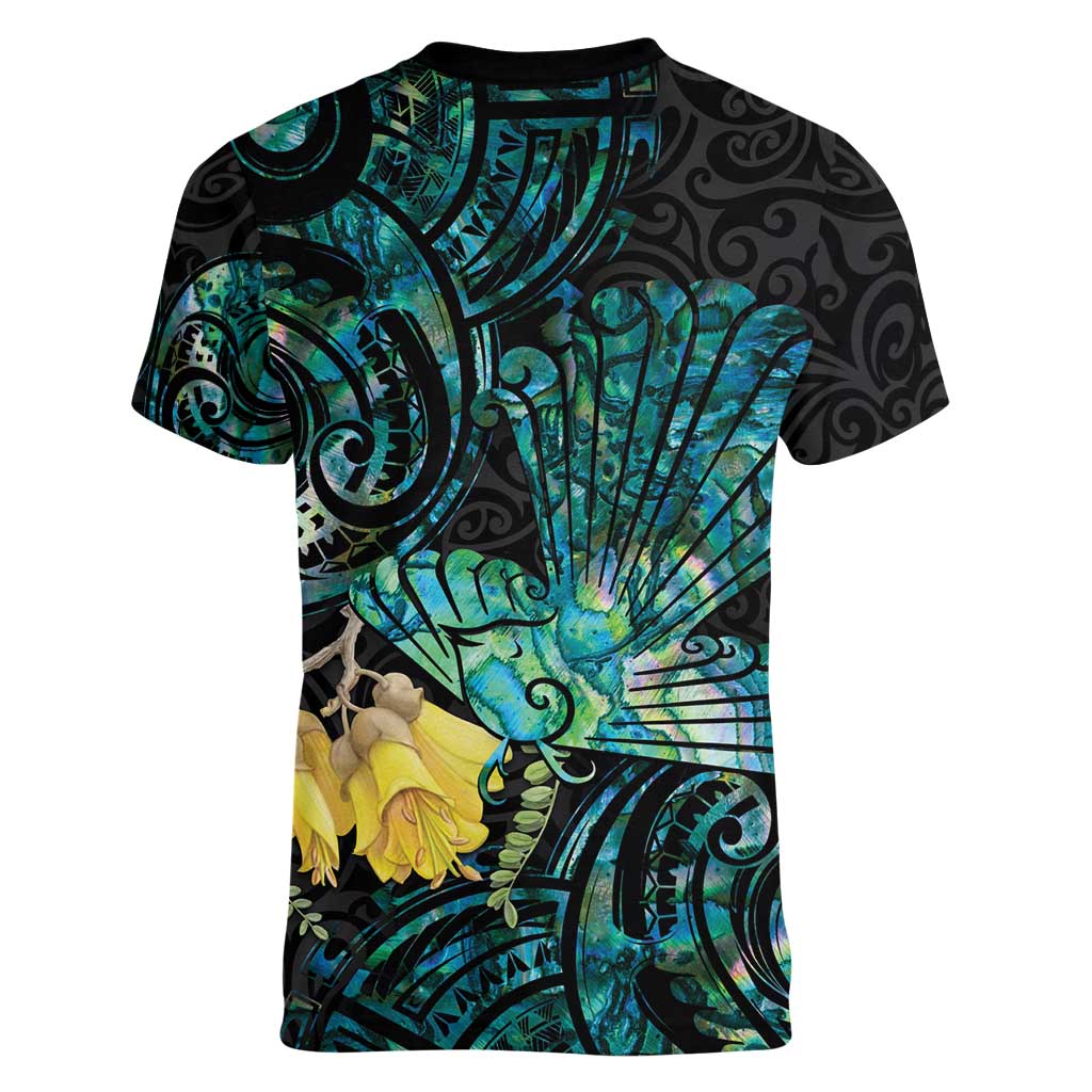 New Zealand Fantail Bird Women V-Neck T-Shirt Maori Piwakawaka Kowhai - Paua Shell Pattern LT14 - Polynesian Pride
