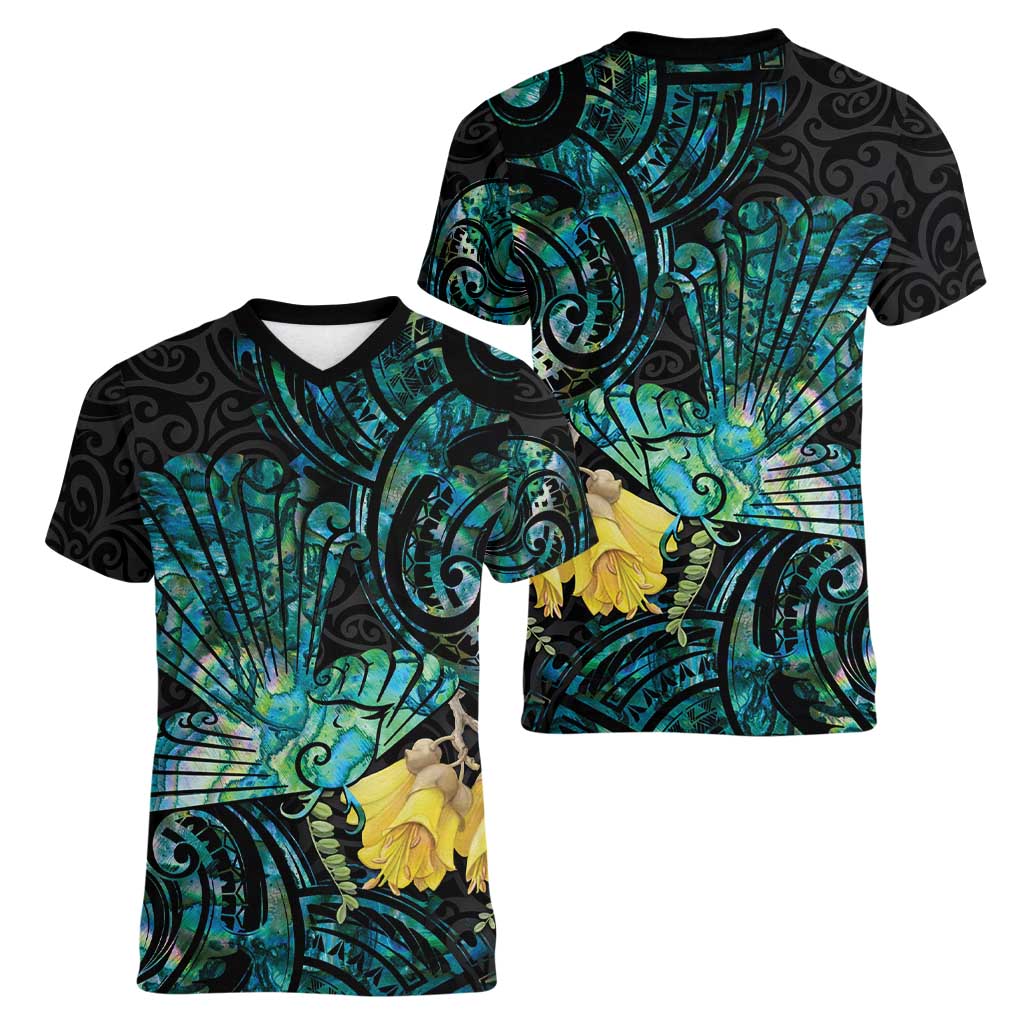 New Zealand Fantail Bird Women V-Neck T-Shirt Maori Piwakawaka Kowhai - Paua Shell Pattern LT14 - Polynesian Pride