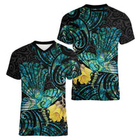 New Zealand Fantail Bird Women V-Neck T-Shirt Maori Piwakawaka Kowhai - Paua Shell Pattern LT14 - Polynesian Pride