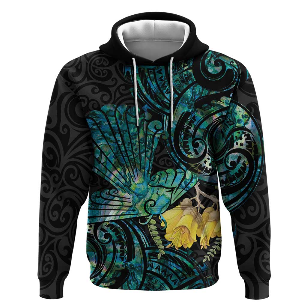 New Zealand Fantail Bird Zip Hoodie Maori Piwakawaka Kowhai - Paua Shell Pattern LT14 Pullover Hoodie Green - Polynesian Pride