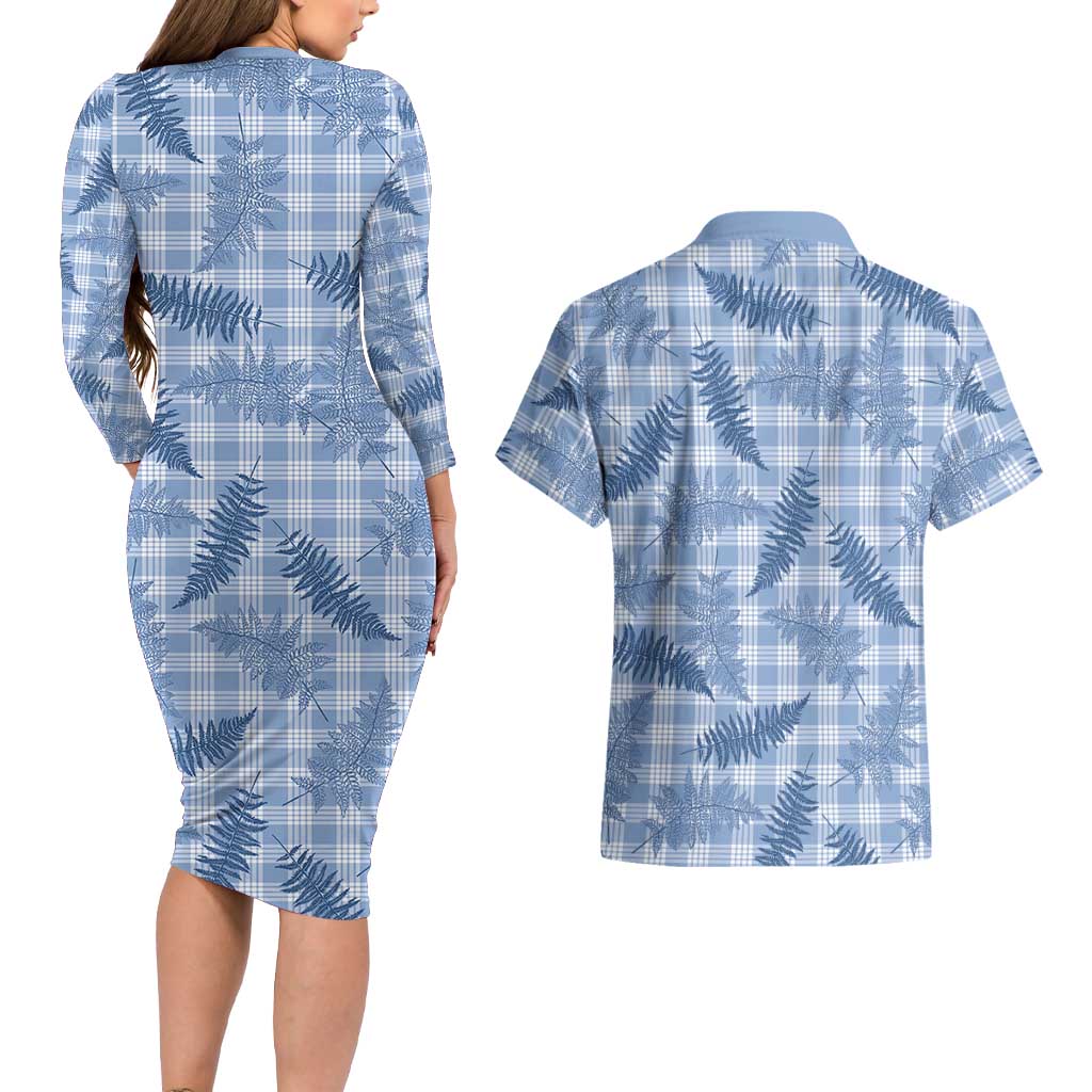 Blue Palaka Hawaii Palapalai Couples Matching Long Sleeve Bodycon Dress and Hawaiian Shirt Hawaiian Fern LT14 - Polynesian Pride