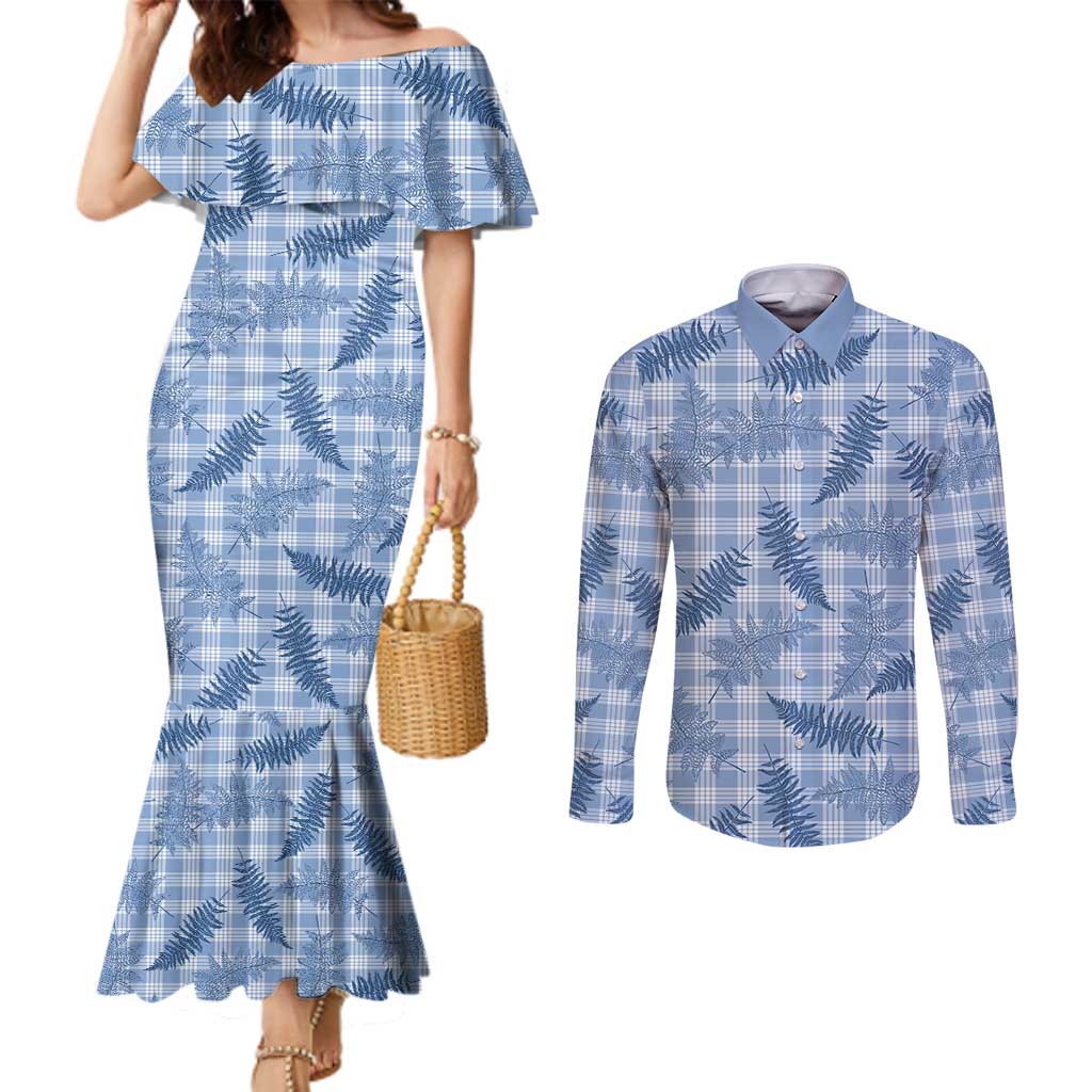Blue Palaka Hawaii Palapalai Couples Matching Mermaid Dress and Long Sleeve Button Shirt Hawaiian Fern LT14 Blue - Polynesian Pride