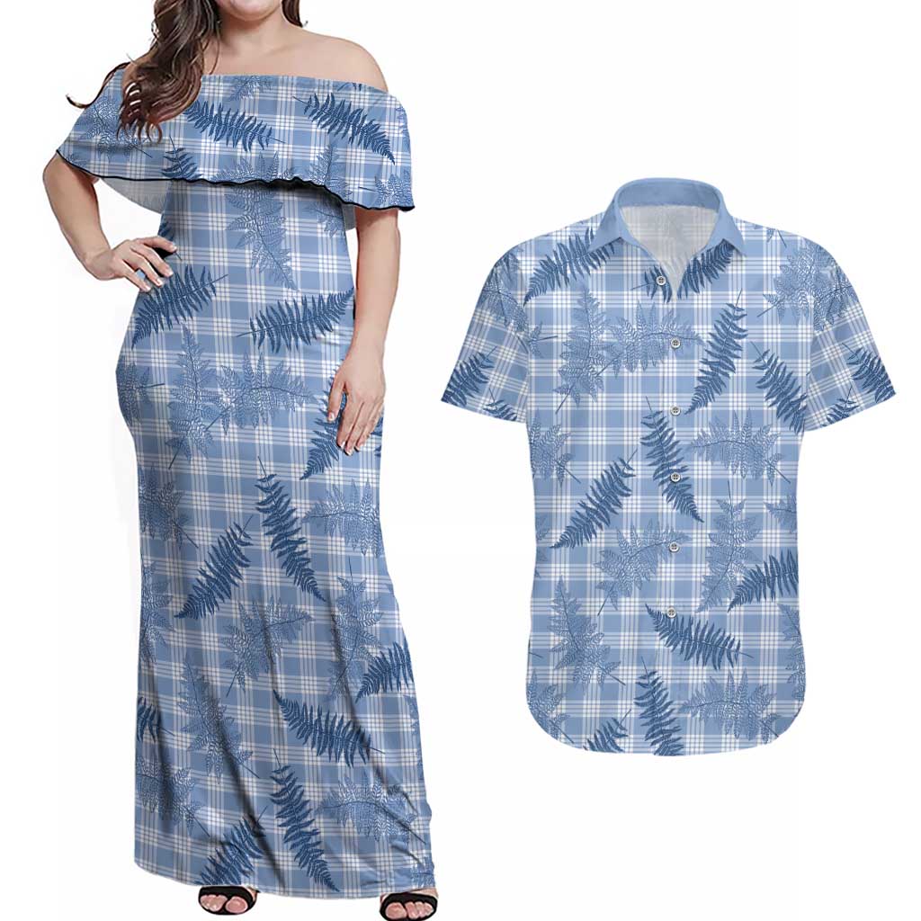 Blue Palaka Hawaii Palapalai Couples Matching Off Shoulder Maxi Dress and Hawaiian Shirt Hawaiian Fern LT14 Blue - Polynesian Pride