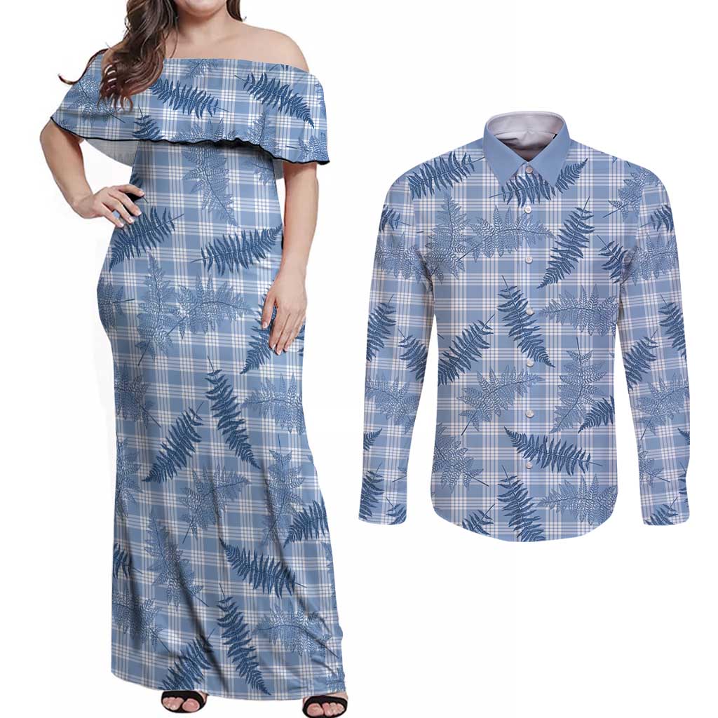 Blue Palaka Hawaii Palapalai Couples Matching Off Shoulder Maxi Dress and Long Sleeve Button Shirt Hawaiian Fern LT14 Blue - Polynesian Pride