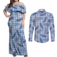 Blue Palaka Hawaii Palapalai Couples Matching Off Shoulder Maxi Dress and Long Sleeve Button Shirt Hawaiian Fern LT14 Blue - Polynesian Pride