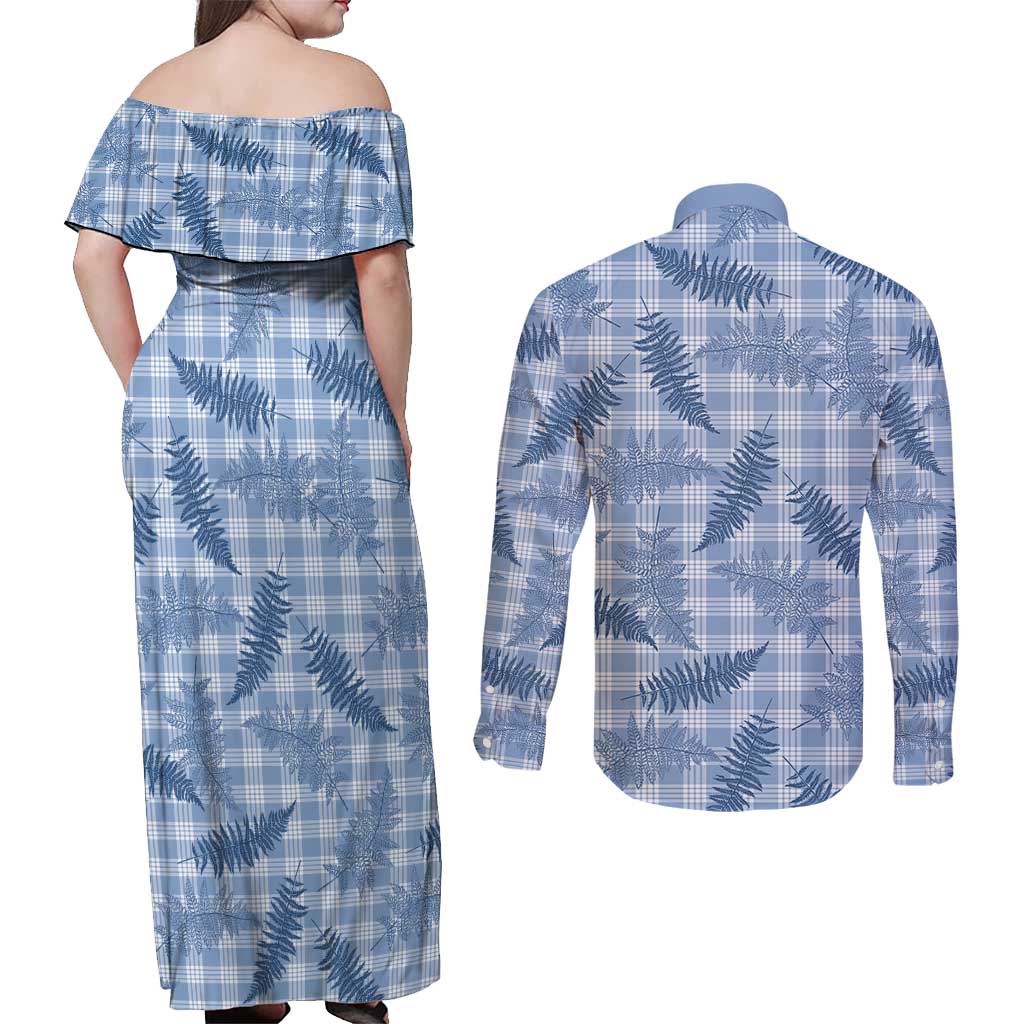 Blue Palaka Hawaii Palapalai Couples Matching Off Shoulder Maxi Dress and Long Sleeve Button Shirt Hawaiian Fern LT14 - Polynesian Pride