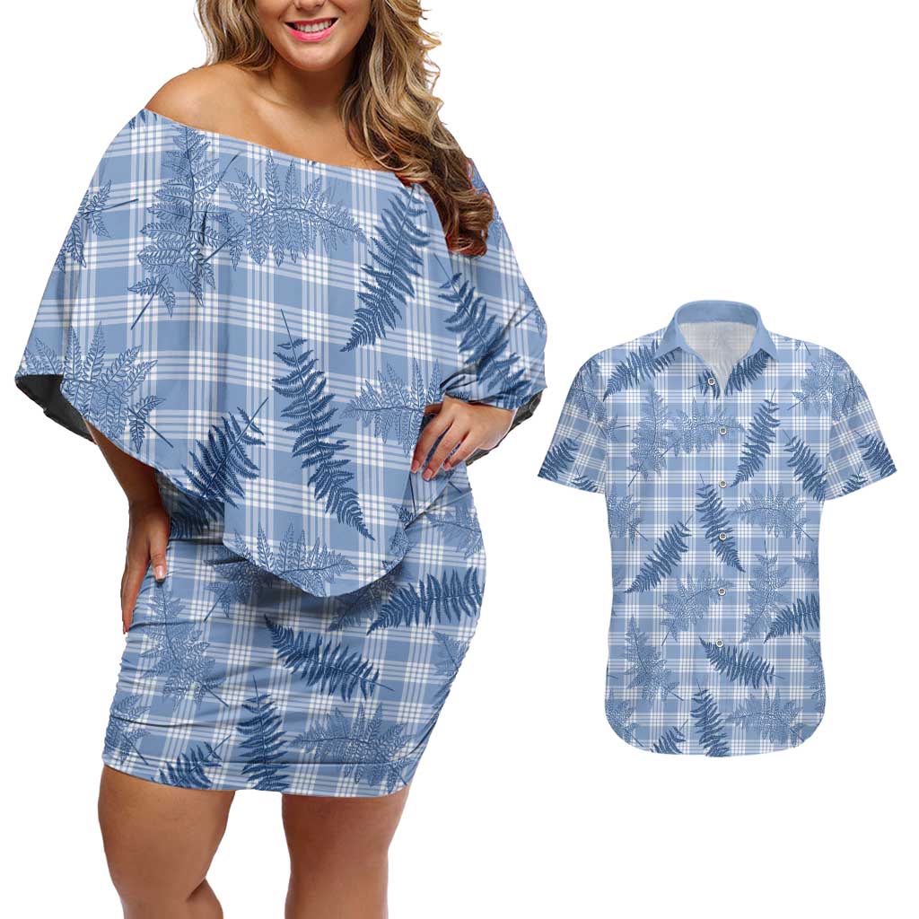 Blue Palaka Hawaii Palapalai Couples Matching Off Shoulder Short Dress and Hawaiian Shirt Hawaiian Fern LT14 Blue - Polynesian Pride