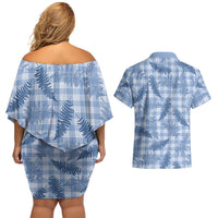 Blue Palaka Hawaii Palapalai Couples Matching Off Shoulder Short Dress and Hawaiian Shirt Hawaiian Fern LT14 - Polynesian Pride