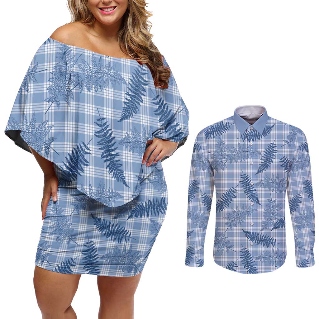 Blue Palaka Hawaii Palapalai Couples Matching Off Shoulder Short Dress and Long Sleeve Button Shirt Hawaiian Fern LT14 Blue - Polynesian Pride