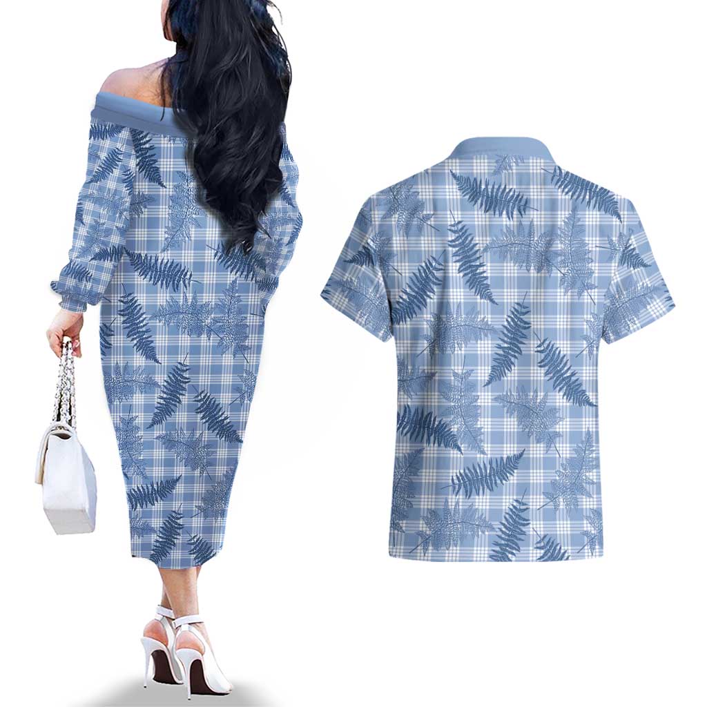 Blue Palaka Hawaii Palapalai Couples Matching Off The Shoulder Long Sleeve Dress and Hawaiian Shirt Hawaiian Fern LT14 - Polynesian Pride