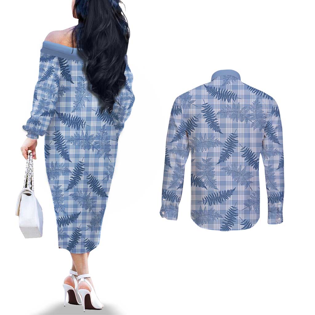 Blue Palaka Hawaii Palapalai Couples Matching Off The Shoulder Long Sleeve Dress and Long Sleeve Button Shirt Hawaiian Fern LT14 - Polynesian Pride