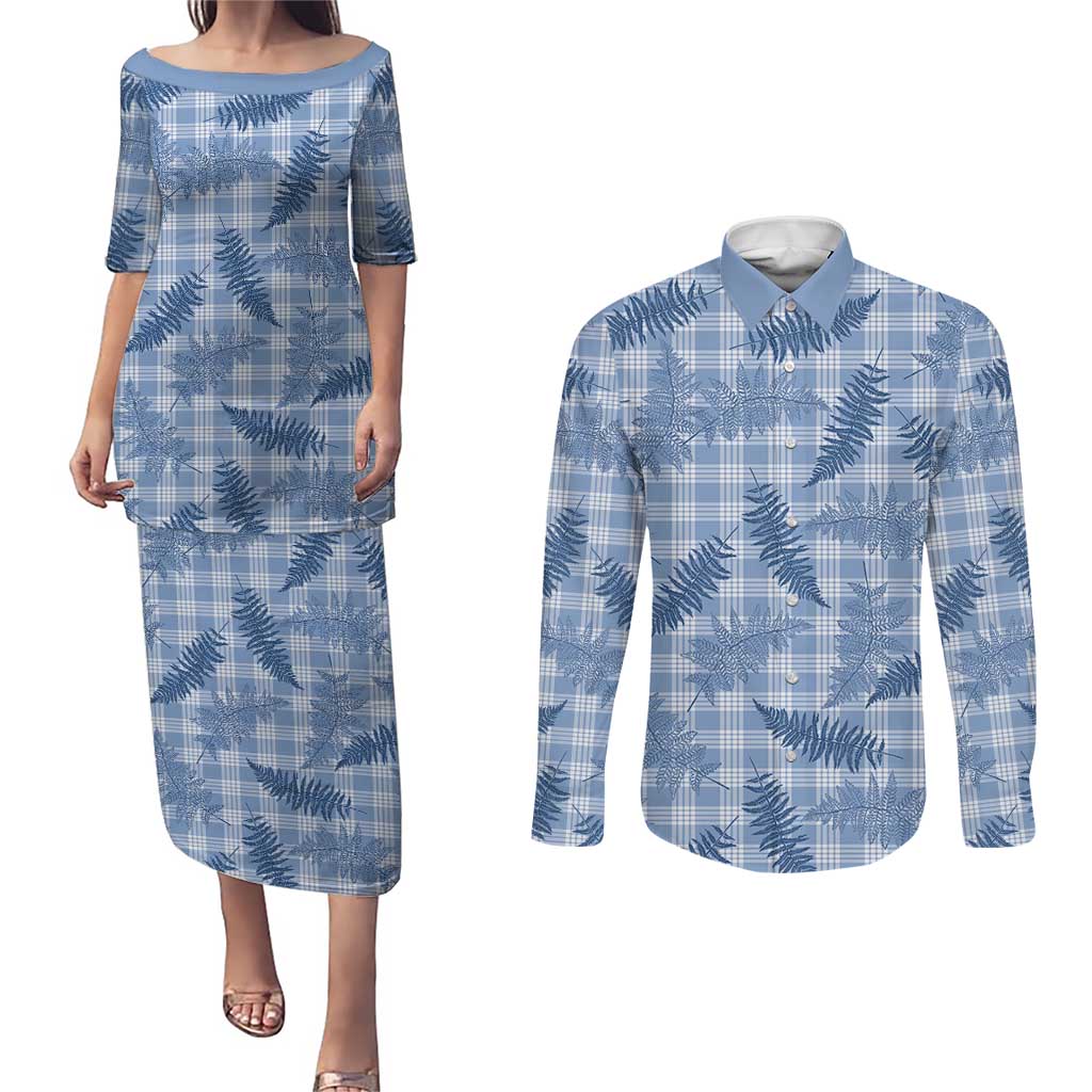 Blue Palaka Hawaii Palapalai Couples Matching Puletasi and Long Sleeve Button Shirt Hawaiian Fern LT14 Blue - Polynesian Pride