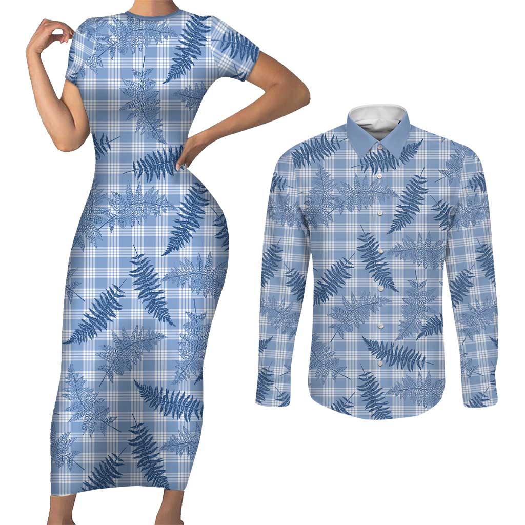 Blue Palaka Hawaii Palapalai Couples Matching Short Sleeve Bodycon Dress and Long Sleeve Button Shirt Hawaiian Fern LT14 Blue - Polynesian Pride