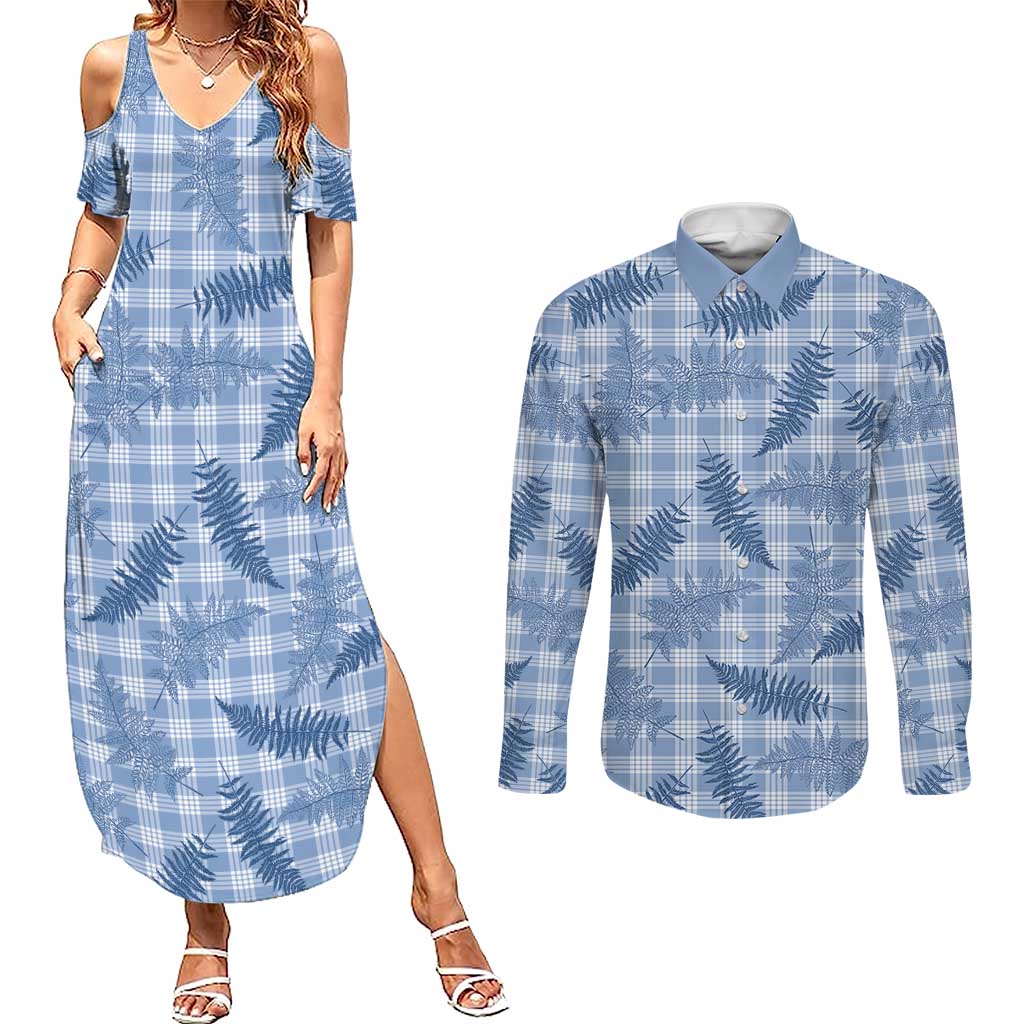 Blue Palaka Hawaii Palapalai Couples Matching Summer Maxi Dress and Long Sleeve Button Shirt Hawaiian Fern LT14 Blue - Polynesian Pride