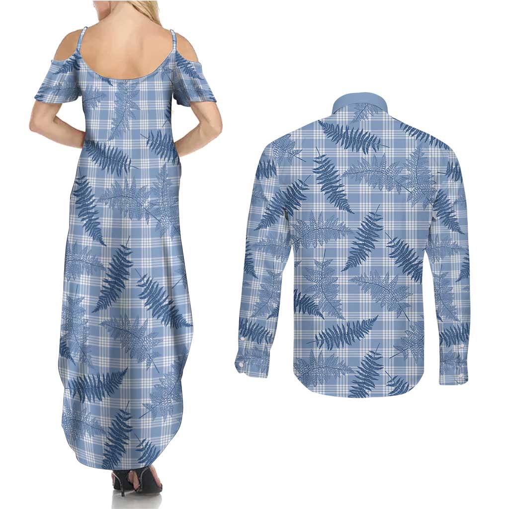 Blue Palaka Hawaii Palapalai Couples Matching Summer Maxi Dress and Long Sleeve Button Shirt Hawaiian Fern LT14 - Polynesian Pride
