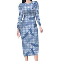 Blue Palaka Hawaii Palapalai Family Matching Long Sleeve Bodycon Dress and Hawaiian Shirt Hawaiian Fern LT14 Mom's Dress Blue - Polynesian Pride