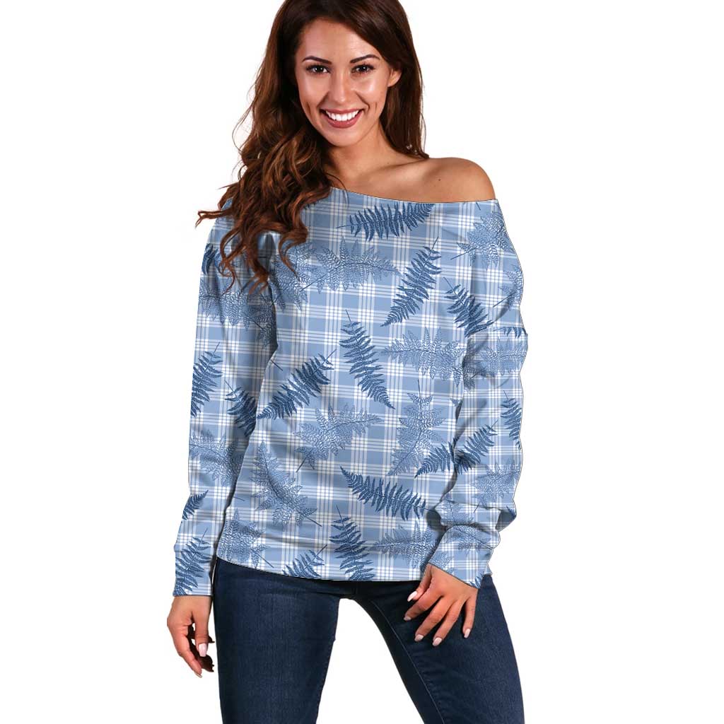 Blue Palaka Hawaii Palapalai Off Shoulder Sweater Hawaiian Fern LT14 Women Blue - Polynesian Pride